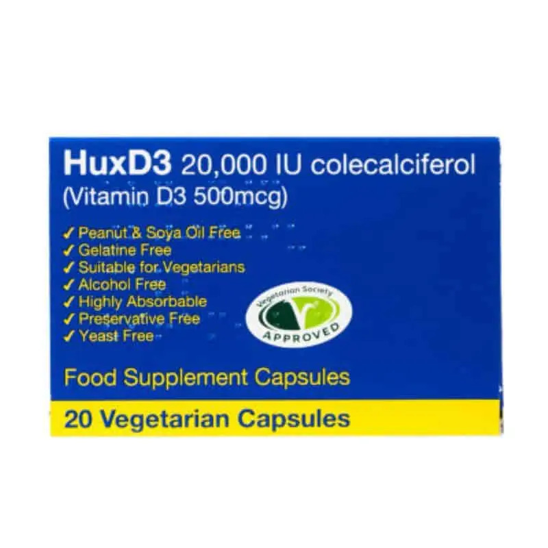 HuxD3 Hux D3 20,000 IU 20 Vegetarian Capsules HIGH STRENGTH VITAMIN D